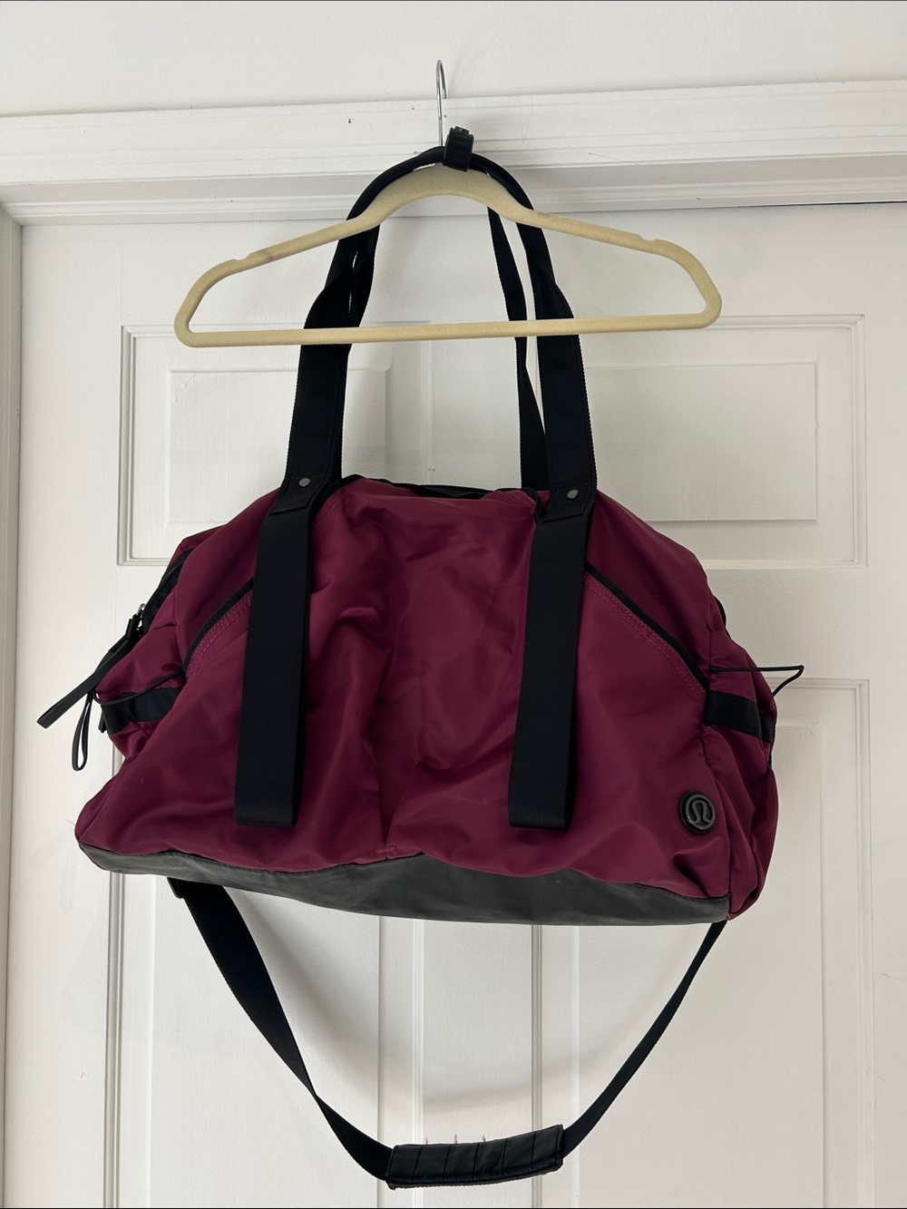 Lululemon Extra Mile Burgundy Duffel Bag with Black Straps